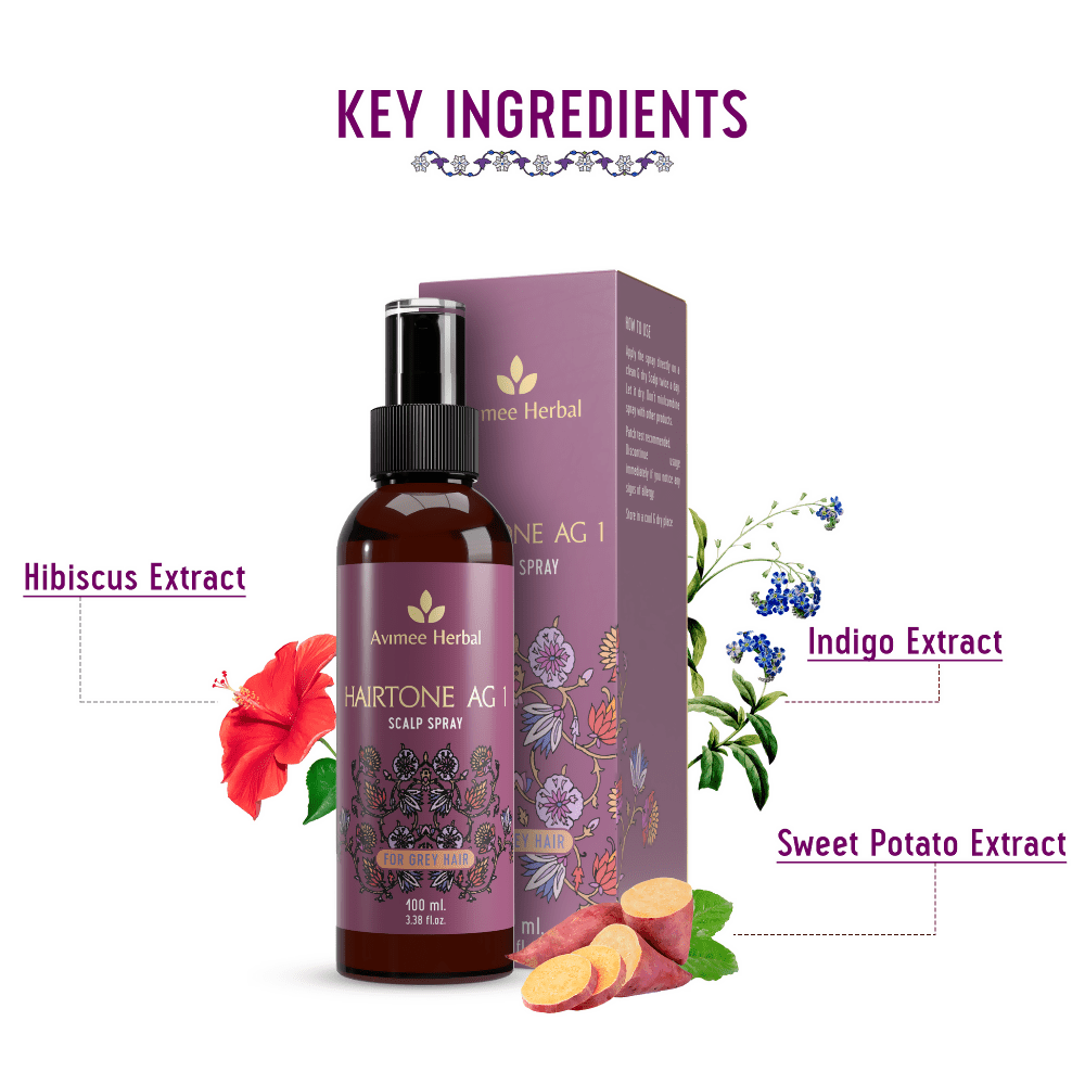 Avimee Herbal Hairtone AG 1 Scalp Spray For Grey Hair With Indigo, Henna, Beet Root and Hibiscus Extracts - Swadesiicart