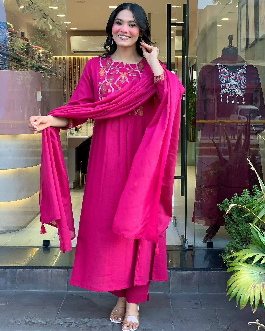 The52 Pink Women's Gorgeous Chanderi Fabric Embroidered Work Straight Kurta Pant and Dupatta Set - Swadesiicart