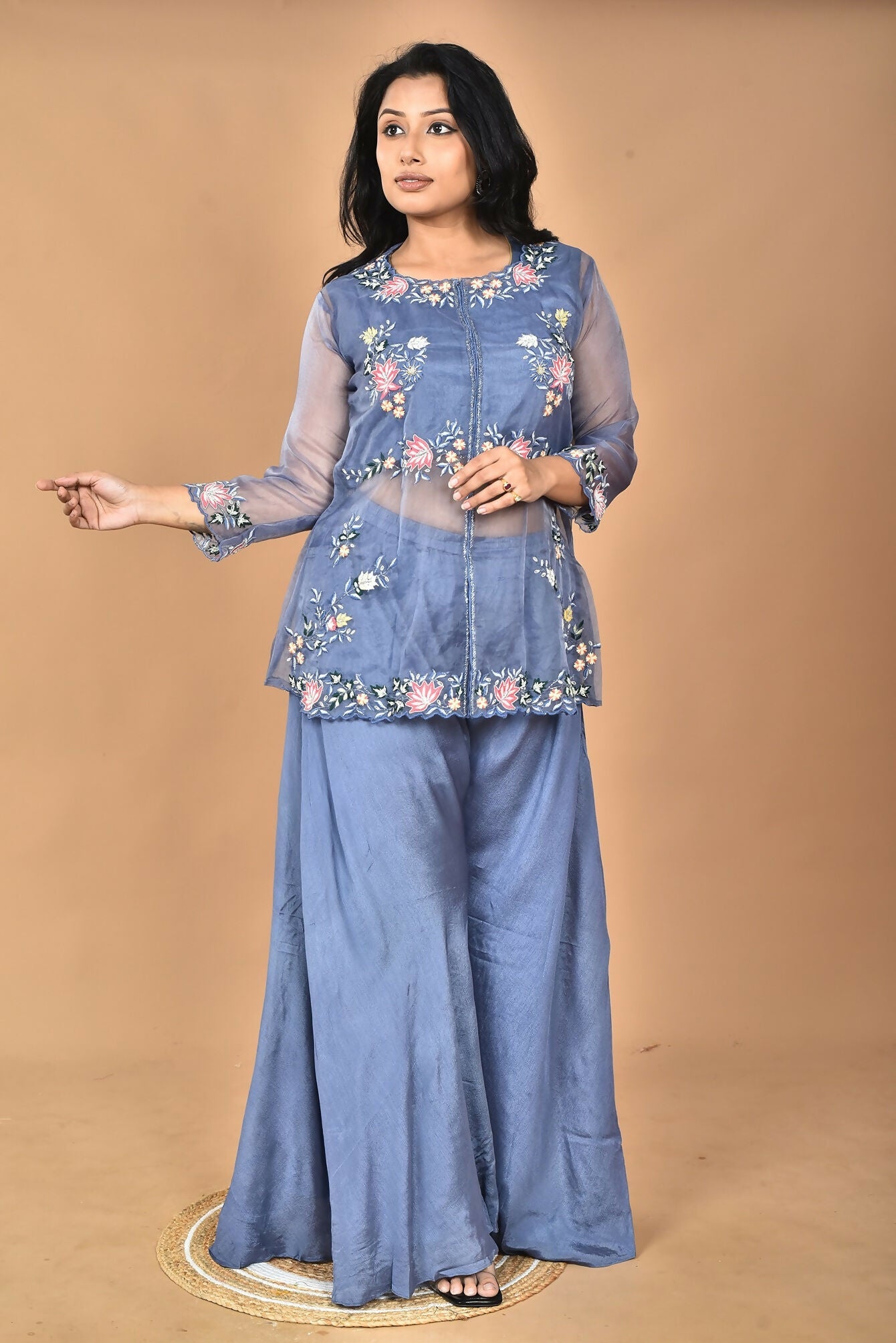 Morchari Women And Hand Embroidery Palazzo Set-Grey - Swadesiicart