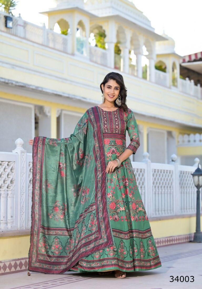 Partywear Designer parrot Dola Silk Anarkali suit with Dupatta - Suzen - Swadesiicart
