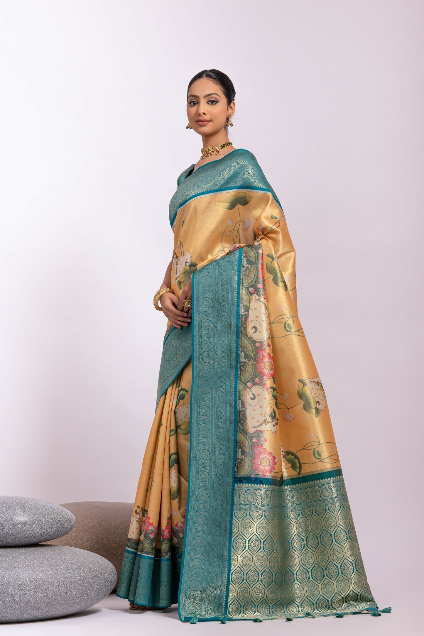 Vishnu Weaves Women's Yellow Tissue Silk Zari Woven Saree with Blouse - Swadesiicart