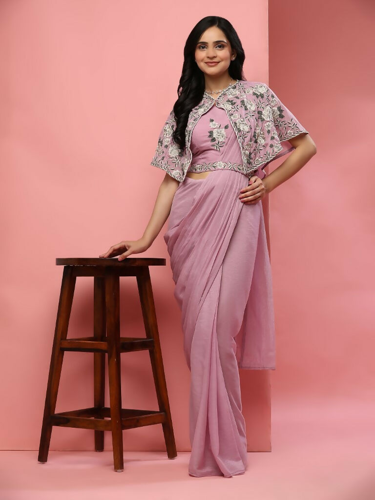 Pink Chiffon Solid Ready to wear Saree with stitched Blouse - Aayan | Swadesiicart