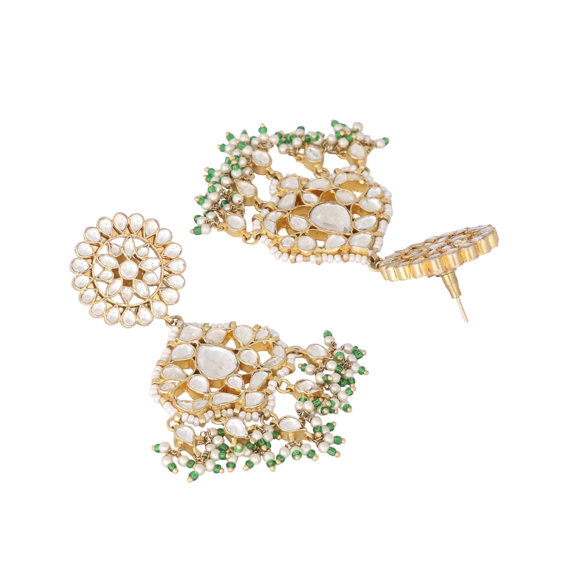 Nuyug 22K Gold Plated Traditional Kundan Studded Contemporary Dangler Earrings with Pearl and Green Bead Accents | Swadesiicart