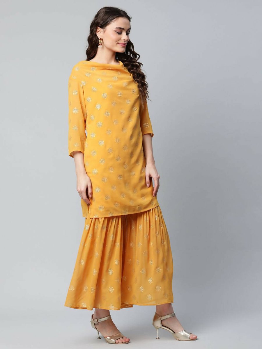 Ahalyaa Womens Mustard Georgette Gold Foil Printed Kurta Sharara Set With Dupatta | Swadesiicart