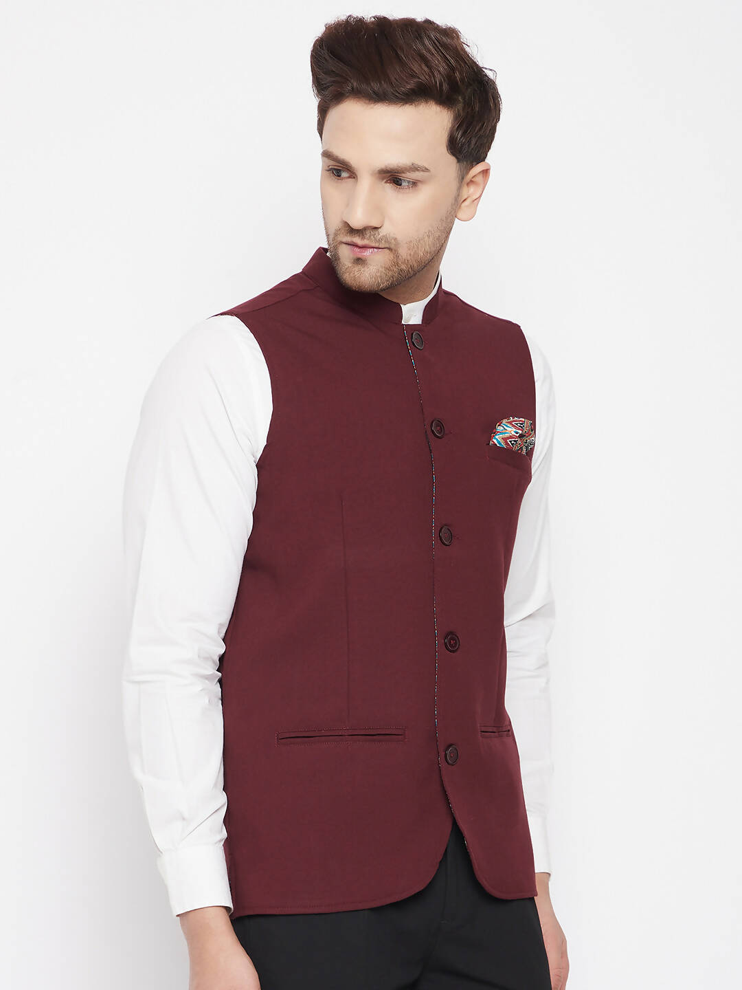 Even Apparels Maroon Merino Men's Nehru Jacket-Contrast Lining-Inbuilt Pocket Square | Swadesiicart