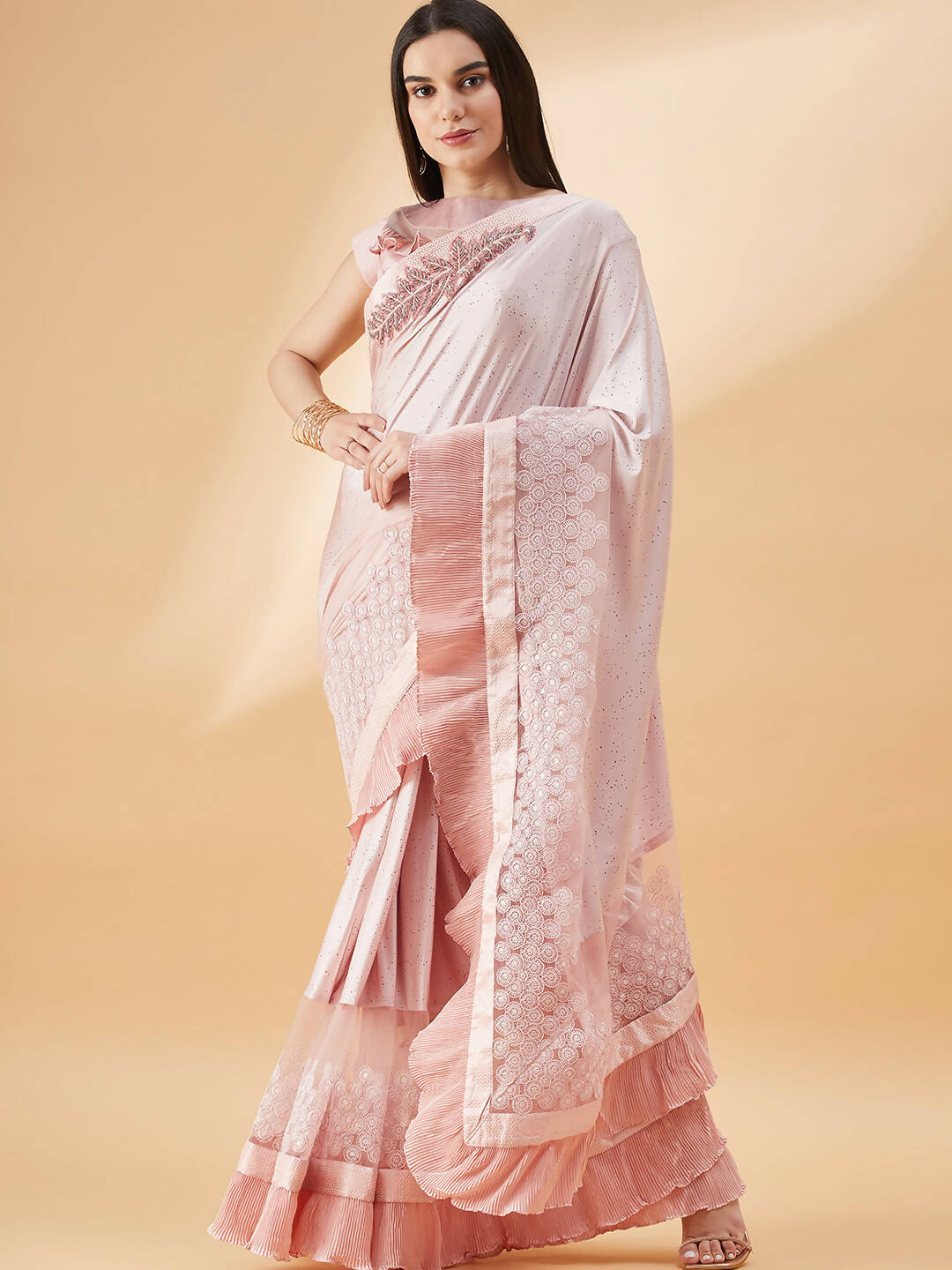 Pink Lycra Frill Details, Hand Embroidered Brooch Saree - Norita Hit Design - Swadesiicart