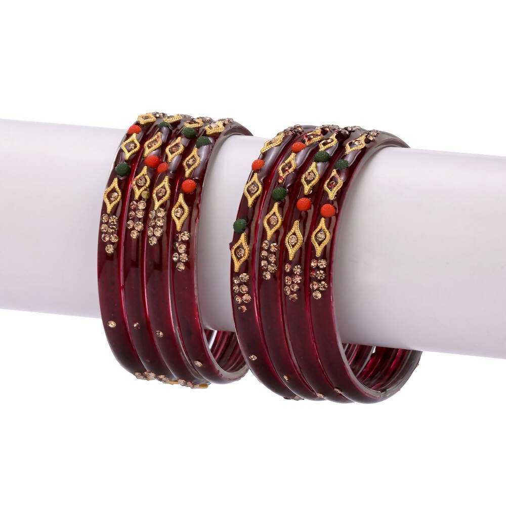 Afast Designer Fancy Party Bangle/ Kada Set, Maroon, Glass, Pack Of 8 - Afast Enterprises