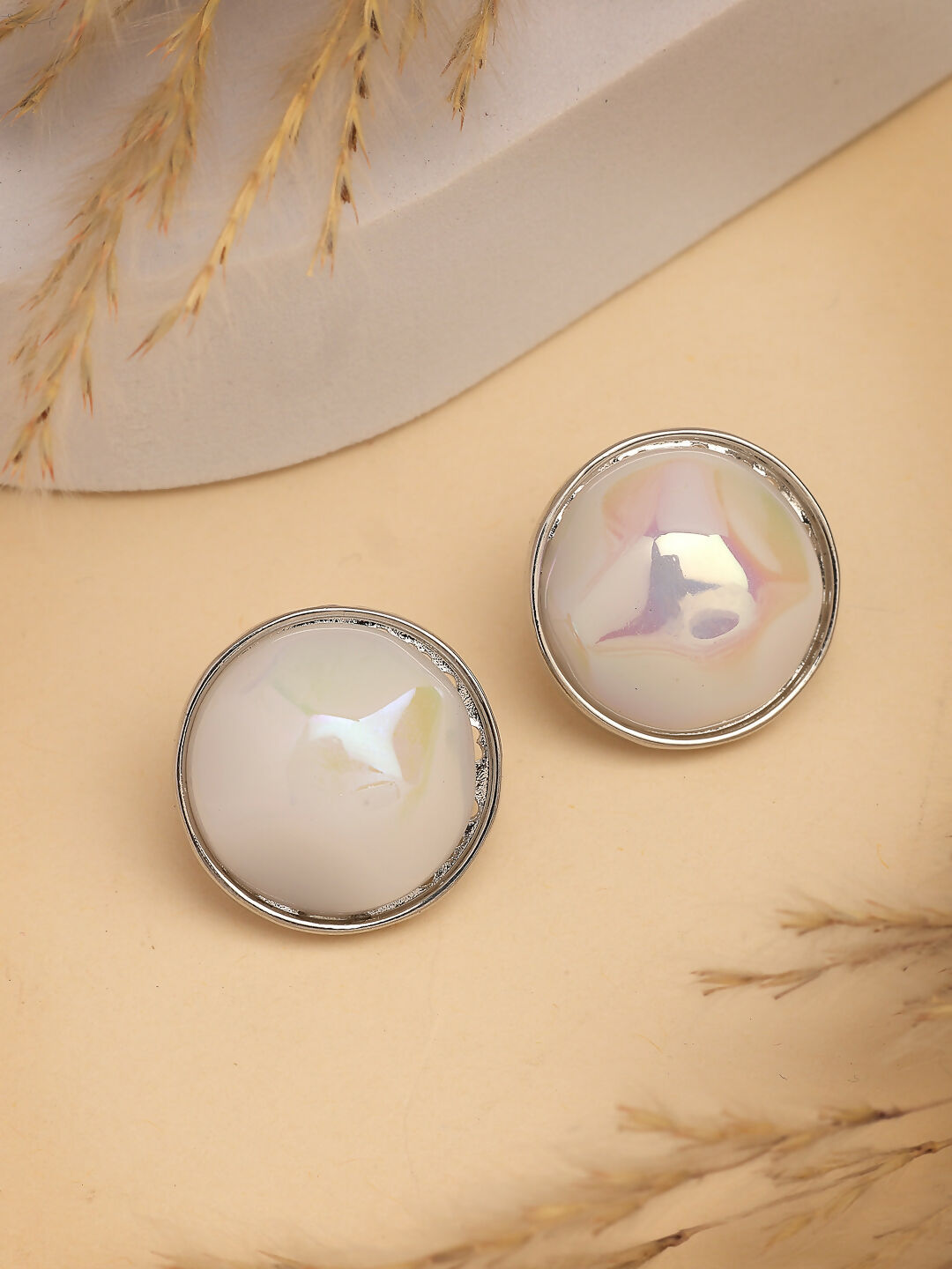 NVR Wome's Silver-Plated Pearl Studded Circular Studs Earring | Swadesiicart