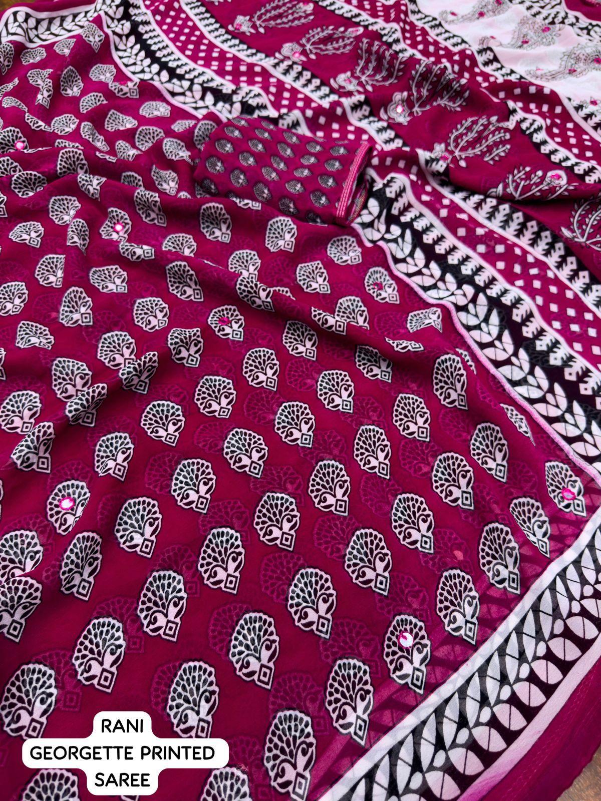 Rani Poly Georgette Ajrak Saree with Unstitched Blouse - Hiral Fashion | Swadesiicart