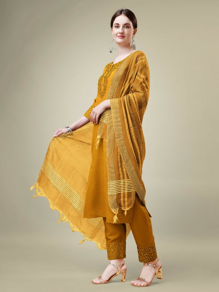 Jyoti Fashion Women's Mustard Cotton Blend Embroidery & Sequence work Kurta with Trouser & Dupatta | Swadesiicart