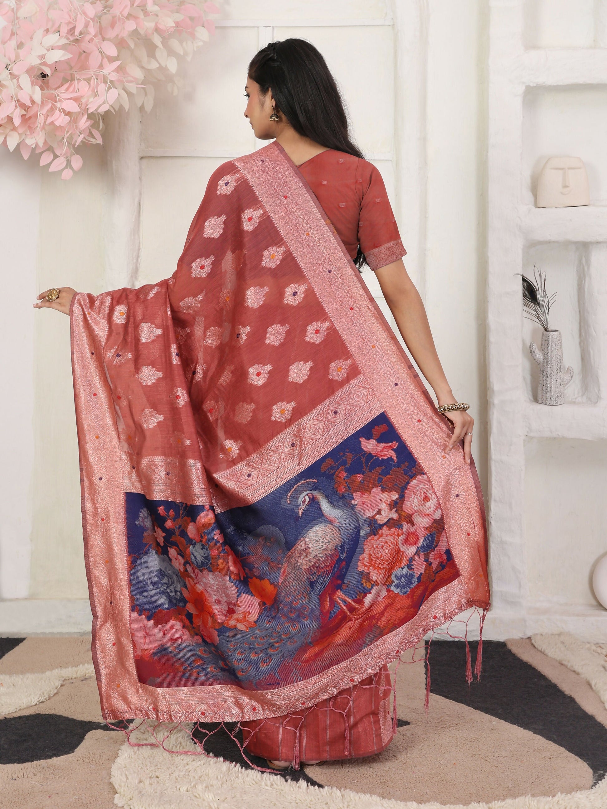 Shree Shyam Fashion Linen Cotton Rust Saree