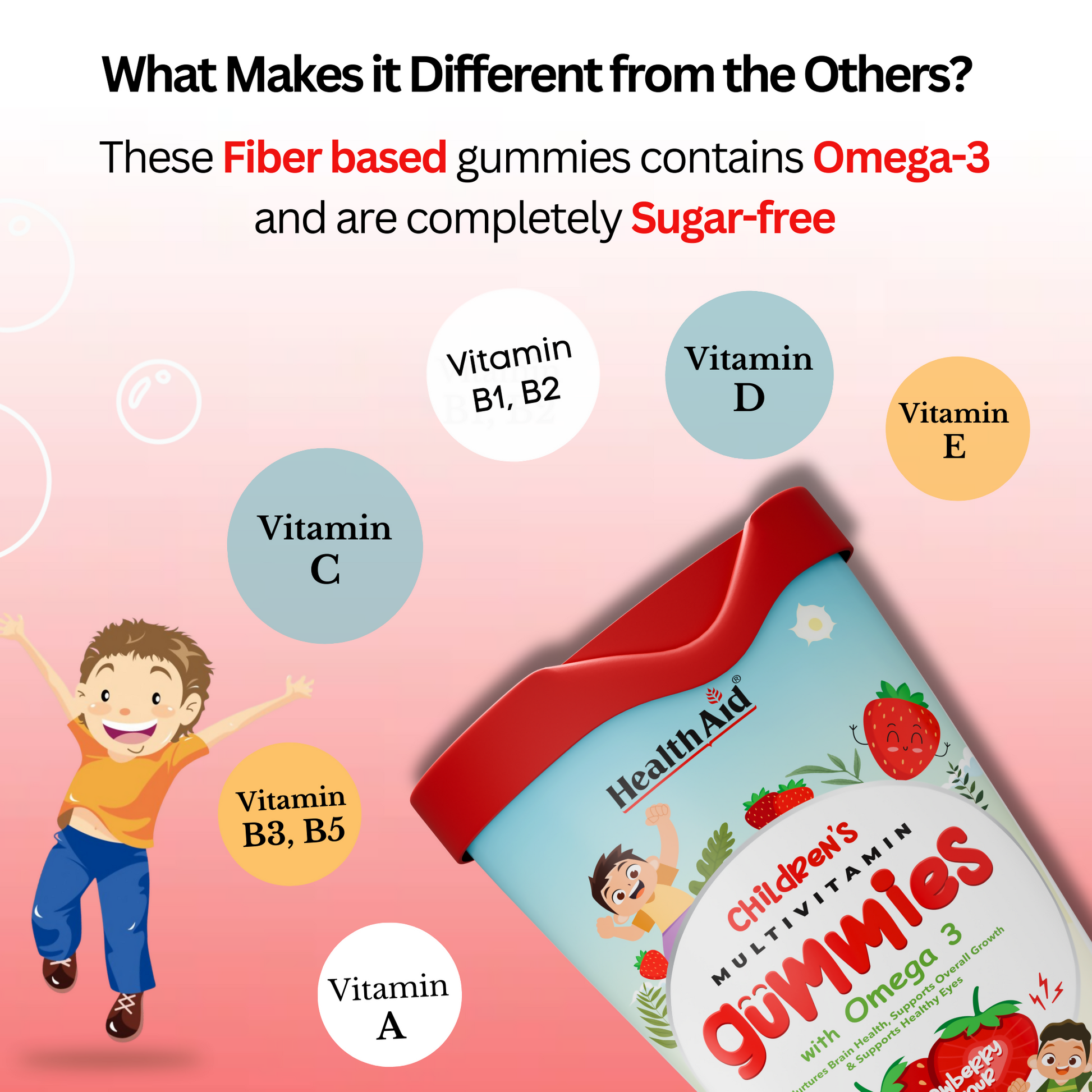 HealthAid Children's Multivitamin Gummies with Omega 3 Gummies - Strawberry Flavour - Swadesiicart
