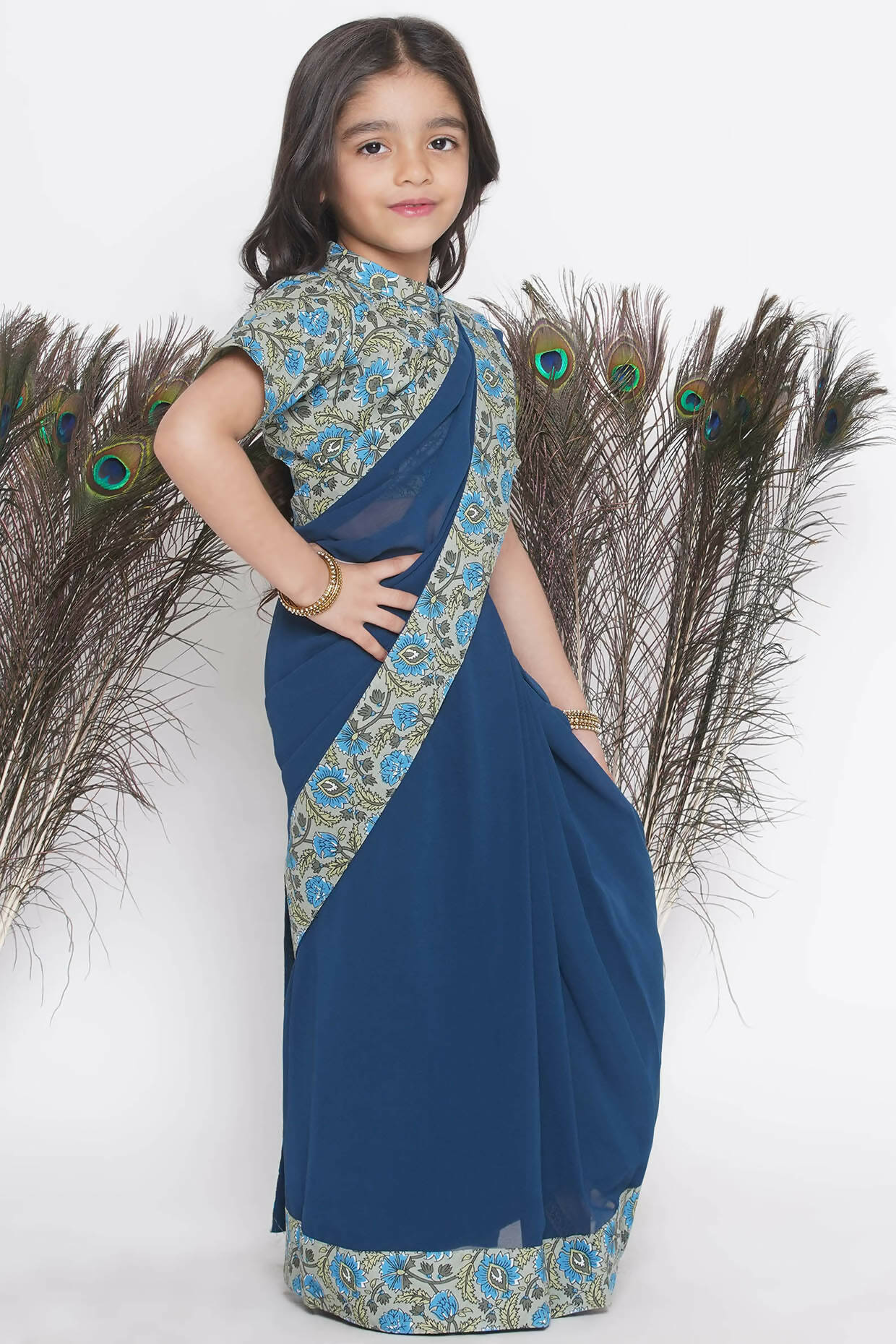 Little Bansi Floral Print Ready To Wear Saree And Floral Blouse - Blue | Swadesiicart