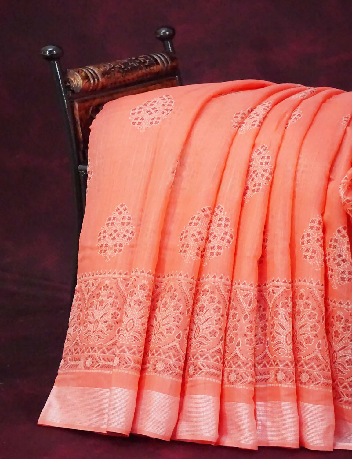 Peachish Orange Block Printed Semi Chanderi Saree By Gayathri Reddy Designer Studio | Swadesiicart