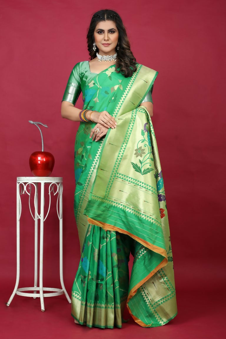 Jyoti Fashion Women's Green Paithani Silk Zari Woven Saree with Blouse | Swadesiicart
