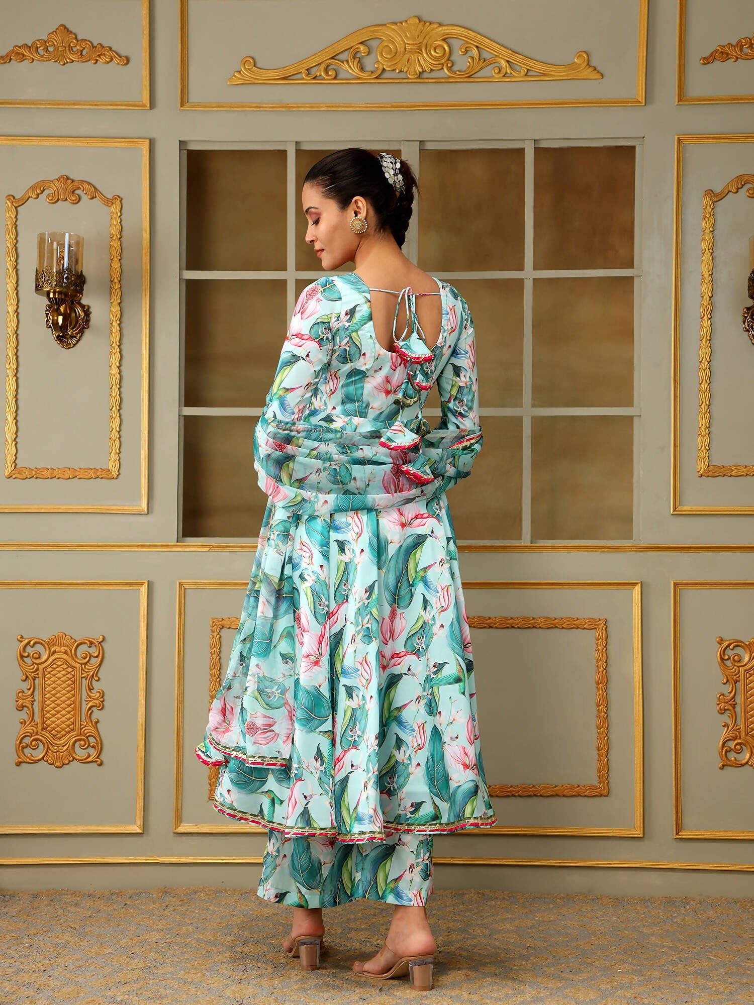 Pomcha Jaipur Blue Saadgi Palm Leaf Anarkali Set | Swadesiicart