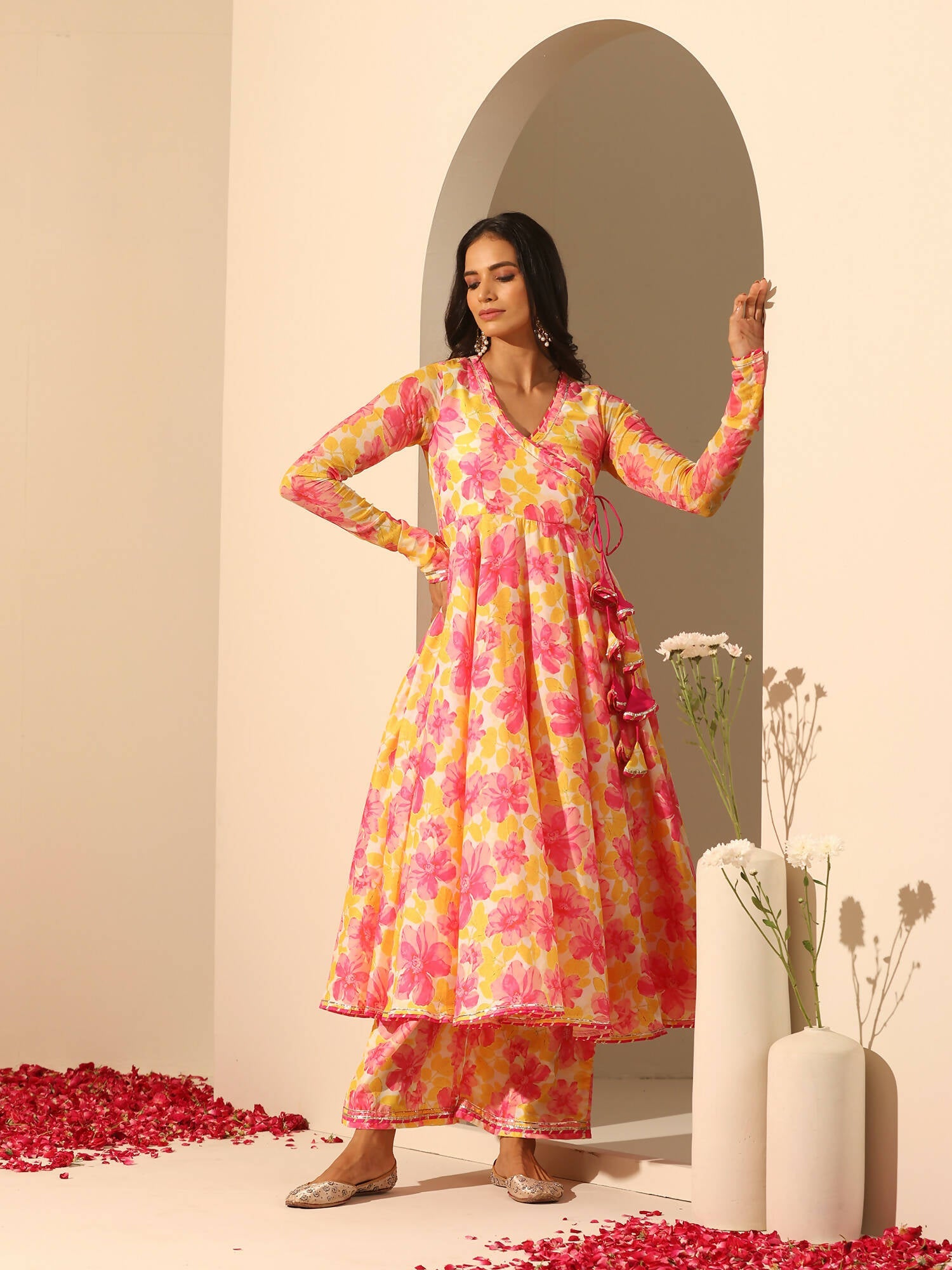 Pomcha Jaipur Yellow Gul Rangrez Angrakha Set | Swadesiicart
