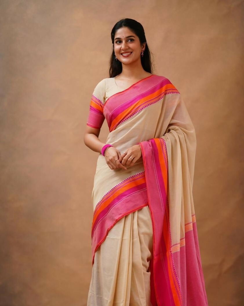 Exclusive Collection Beige Beautiful Khadi Cotton Handloom Saree - Swadesiicart