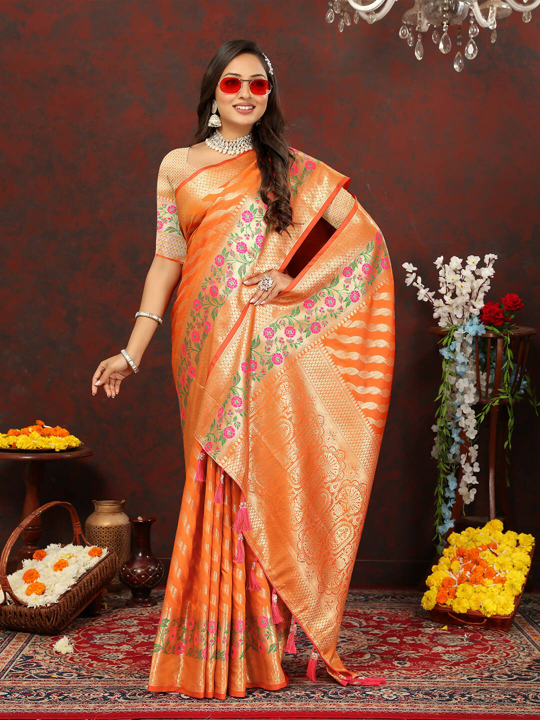 Lorenvalley Fashion Orange Soft Silk Woven Design with Zari Weaving Leheriya Design Saree - Swadesiicart