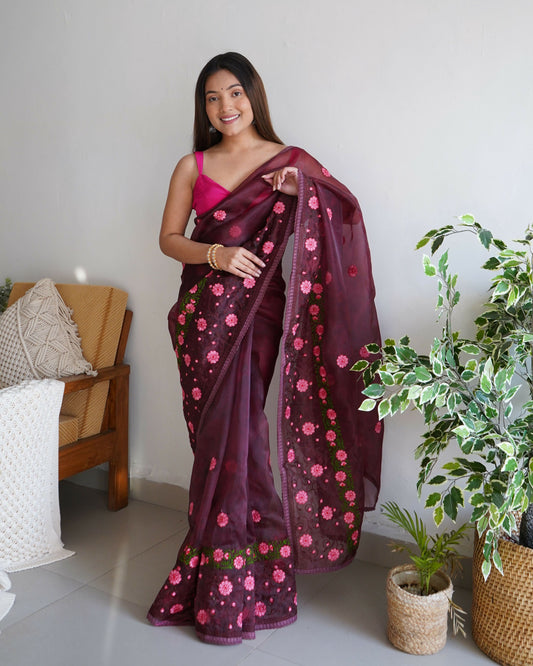 Vamsee Sarifaa Maroon Organza Saree - Swadesiicart