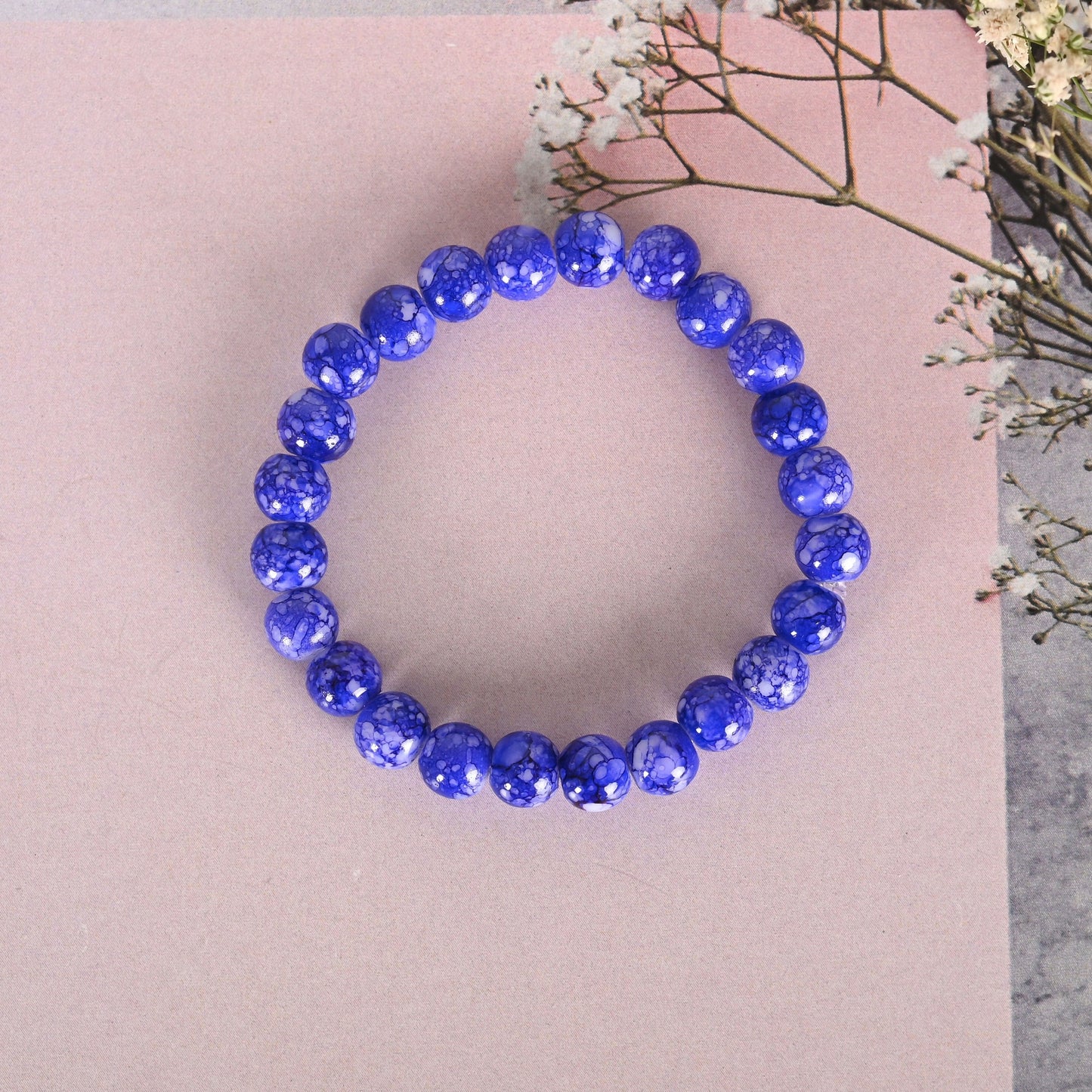 NVR Men & Women Blue Marbel Crystal Elasticated Bracelet - Swadesiicart