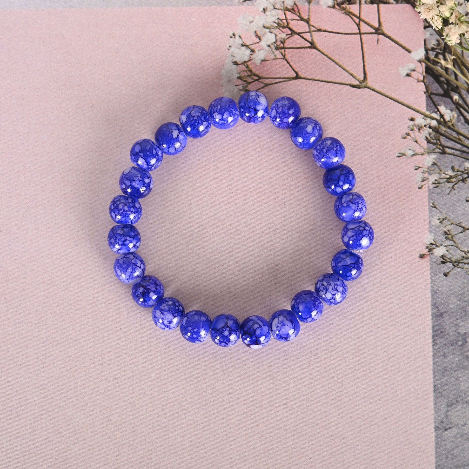 NVR Men & Women Blue Marbel Crystal Elasticated Bracelet - Swadesiicart