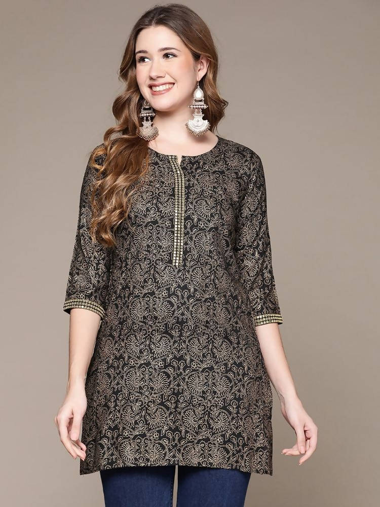 Anubhutee Black & Gold-Toned Ethnic Motifs Printed Kurti | Swadesiicart