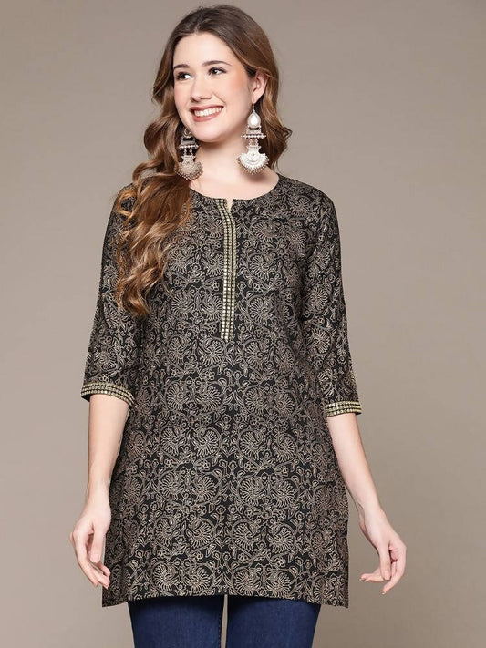 Anubhutee Black & Gold-Toned Ethnic Motifs Printed Kurti | Swadesiicart