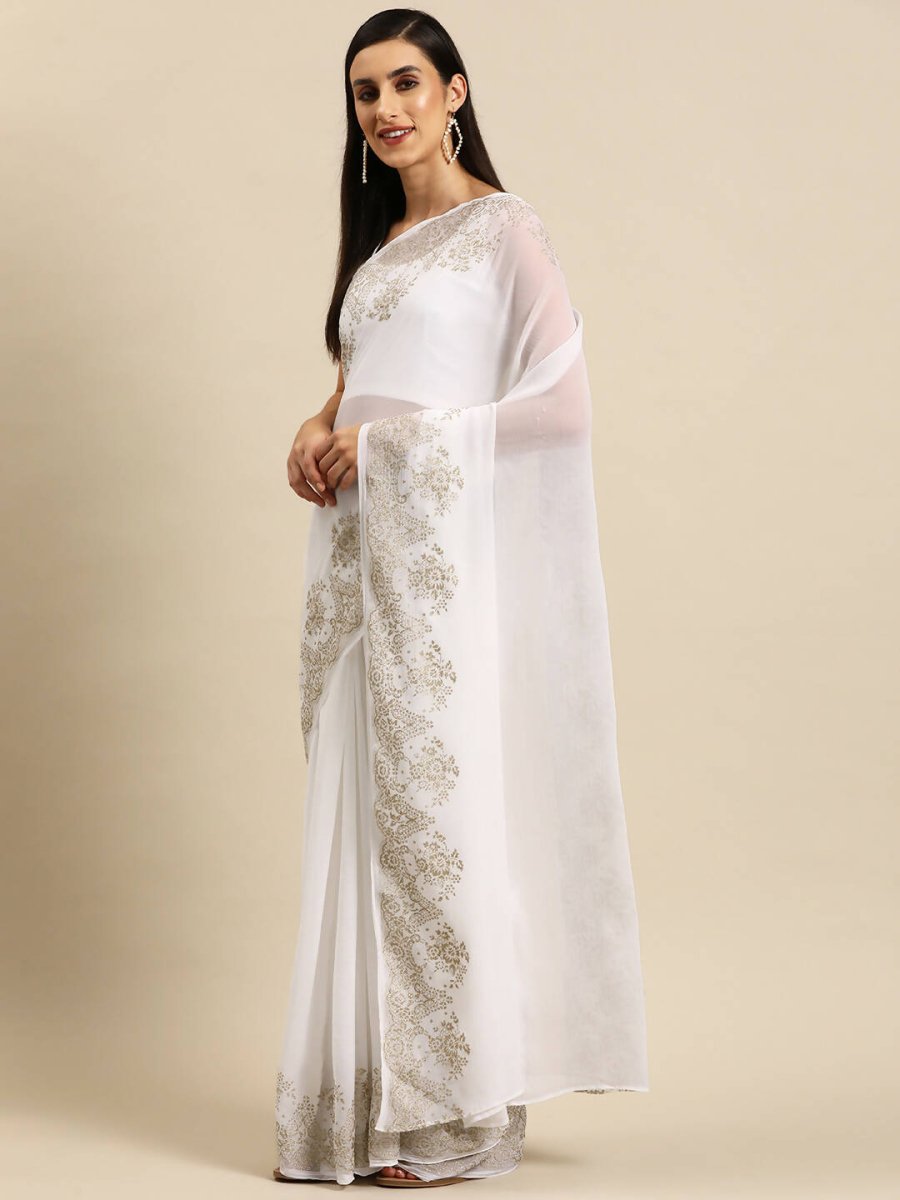 Ahalyaa Women's Traditional Semi Stitch Saree - White | Swadesiicart