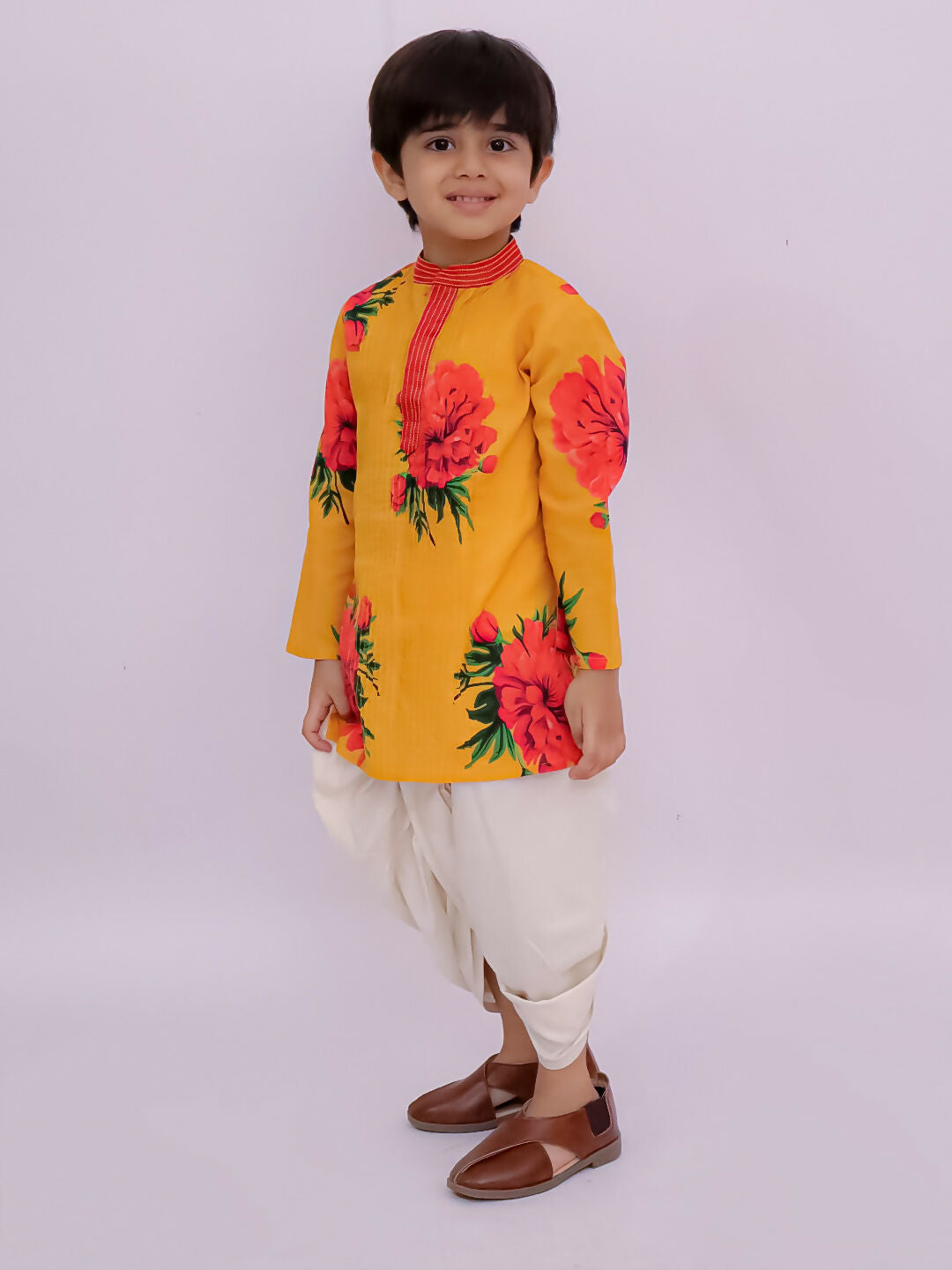 Lil Drama Genda Phool Mustard Kurta and White Dhoti Set for Boys | Swadesiicart