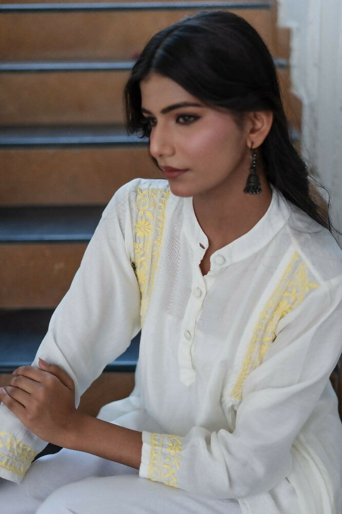 Zibaa Ivory & Yellow Muslin Short Chikankari Kurti - Swadesiicart
