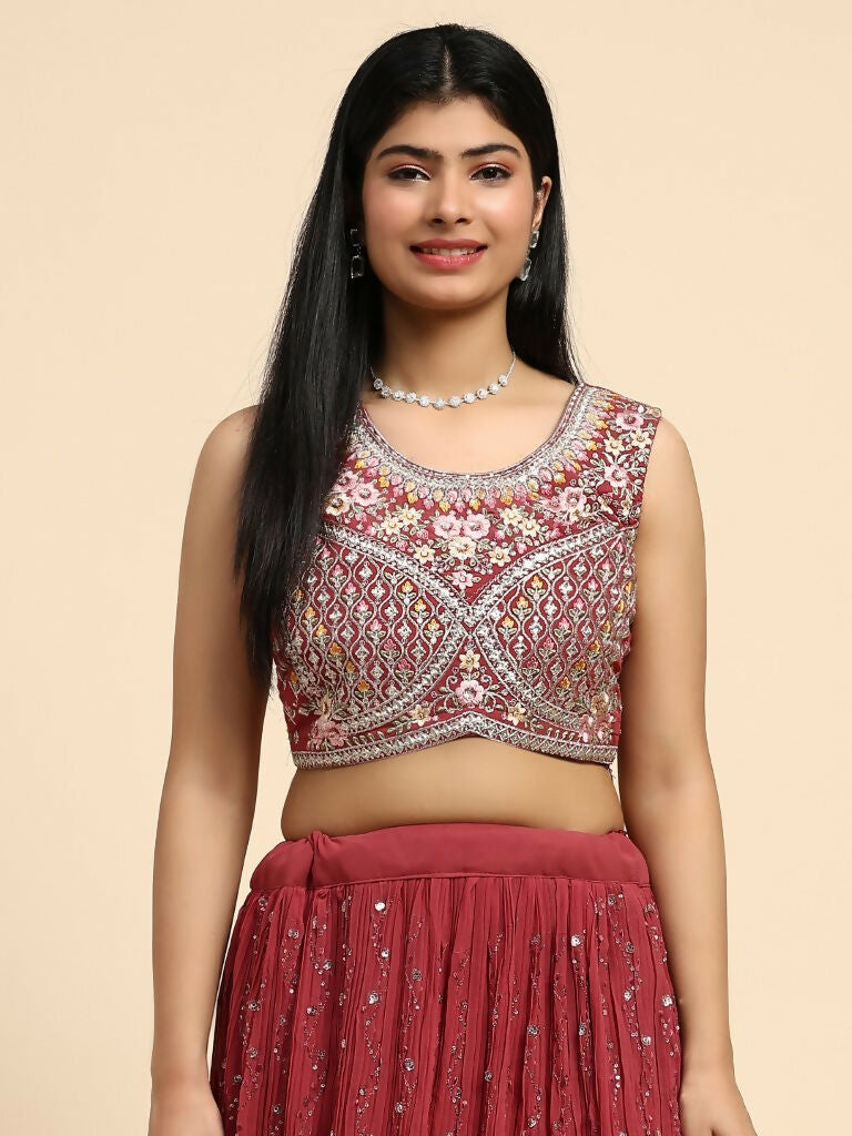 Red Georgette Embroidered Lehenga choli with Dupatta - Dhara | Swadesiicart