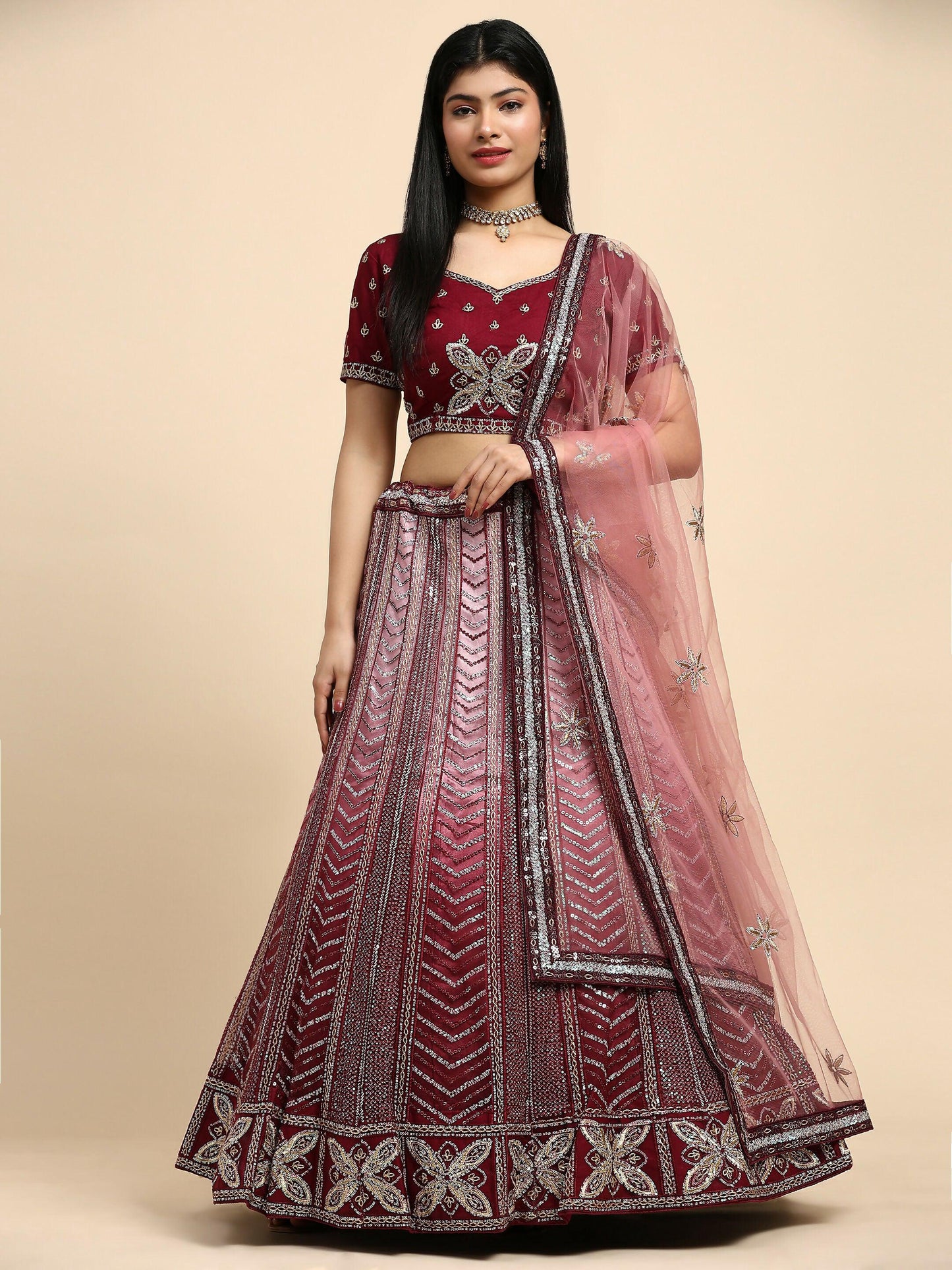 Maroon Fancy Net Sequence Embroidered Lehenga Choli with Dupatta - Dhara | Swadesiicart