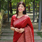 Vishnu Weaves Women's Red Handloom Raw Silk Woven Border Saree with Unstitched Blouse - Swadesiicart