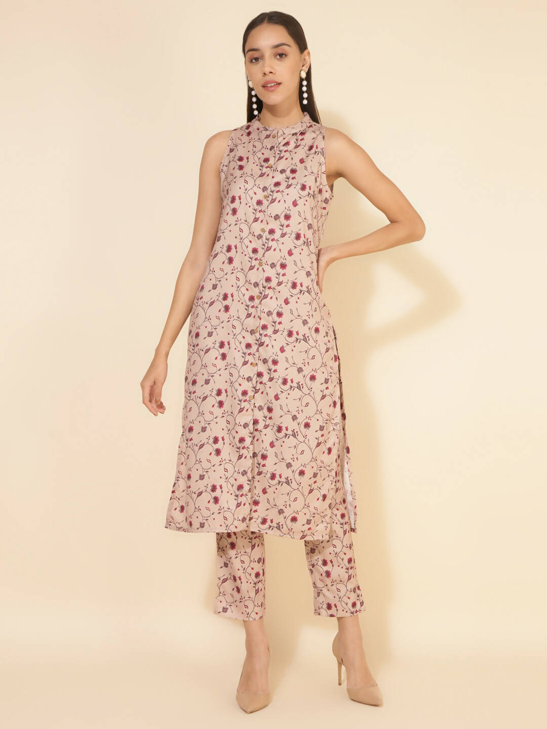 Janasya Women's Beige Moss Digital Floral Printed Casual Straight Co-ords - Swadesiicart