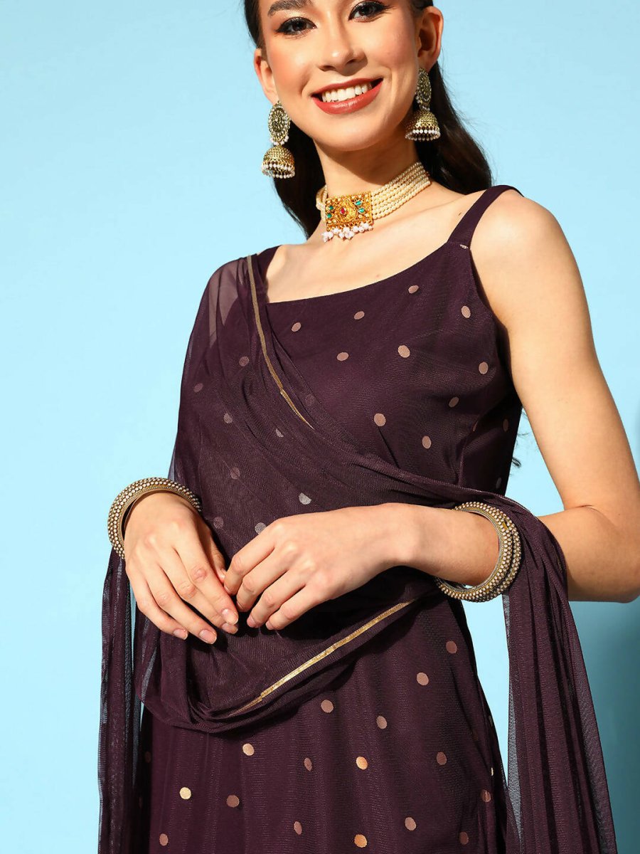 Ahalyaa Women Wine Colour Crepe Gold Printed Kurta Sharara Set | Swadesiicart