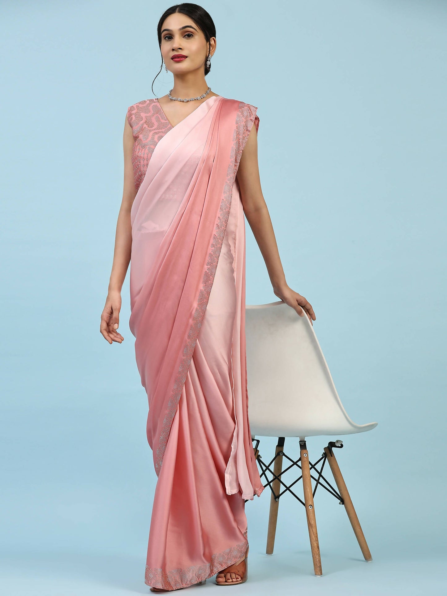 Peach Ombre Satin Georgette Plain Ready to wear Saree with stitched Blouse - Vrinda | Swadesiicart