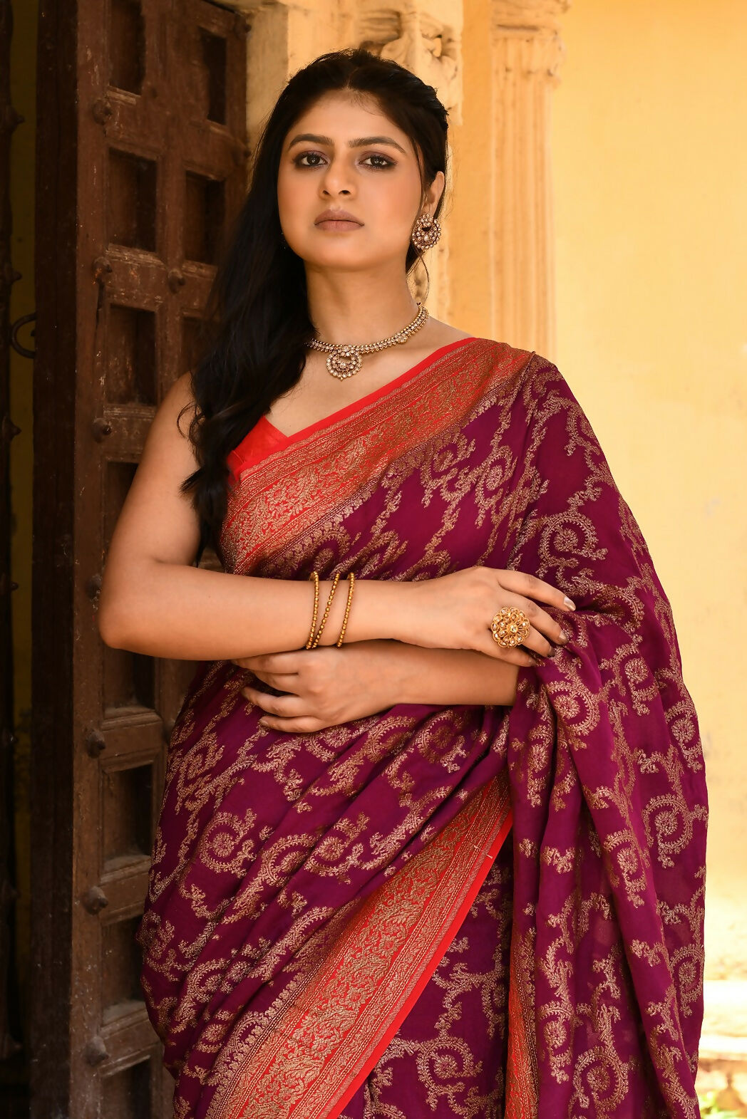 Joban Fashion Hot Pink Crepe Chiffon Pure Handloom Banarasi Silk Saree | Swadesiicart