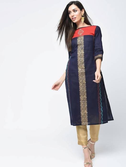 Aniyah Cotton Block Printed Stylish Blue Straight Kurta (AN-121K) - Swadesiicart