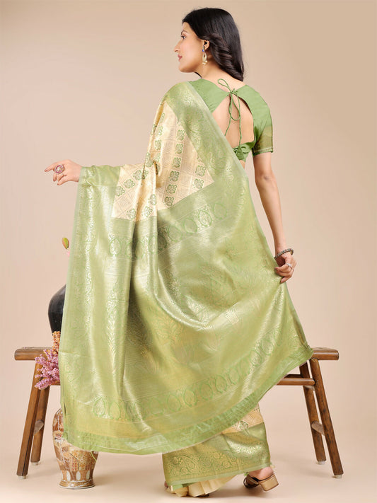 Astita Aura Silk Cream Light Green Banarasi Silk Saree | Swadesiicart
