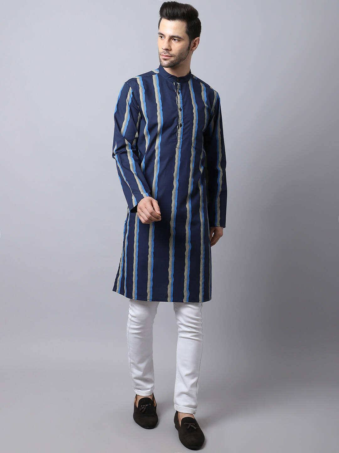 Even Apparels Navy Pure Cotton Men's Kurta With Band Collar (STR1169) | Swadesiicart