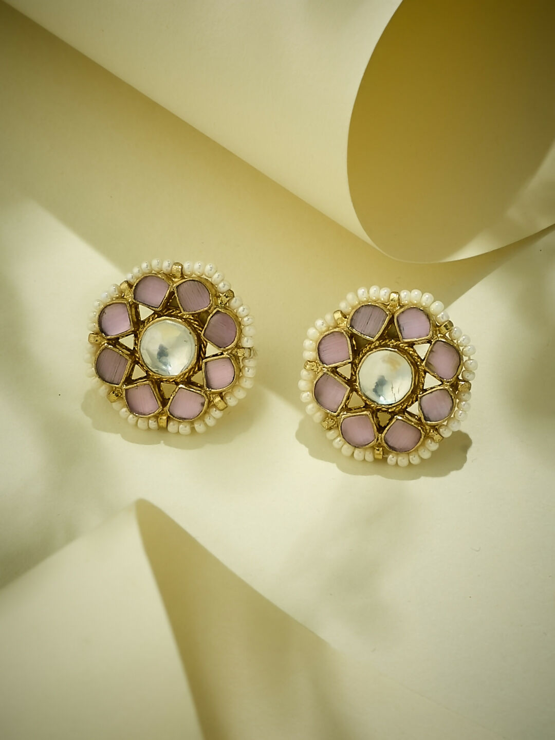 Nuyug 22K Gold-Plated Pink Kundan Studded & Beaded Floral Shaped Studs | Swadesiicart