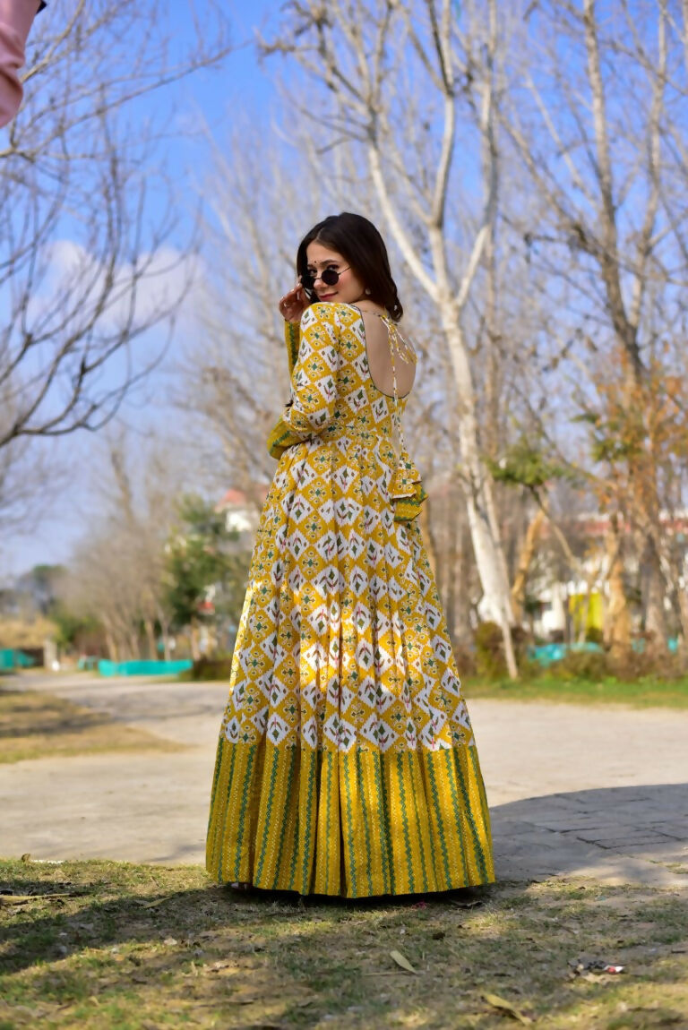 Jyoti Fashion Women's Mustard Heavy Digital Printed Cotton Silk Anarkali Dress | Swadesiicart