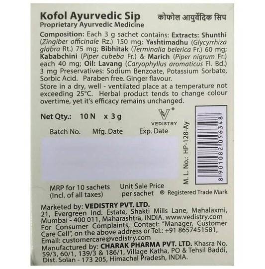 Charak Pharma Kofol Ayurvedic Sip Instant Kadha Sachet Sugar-Free - Swadesiicart
