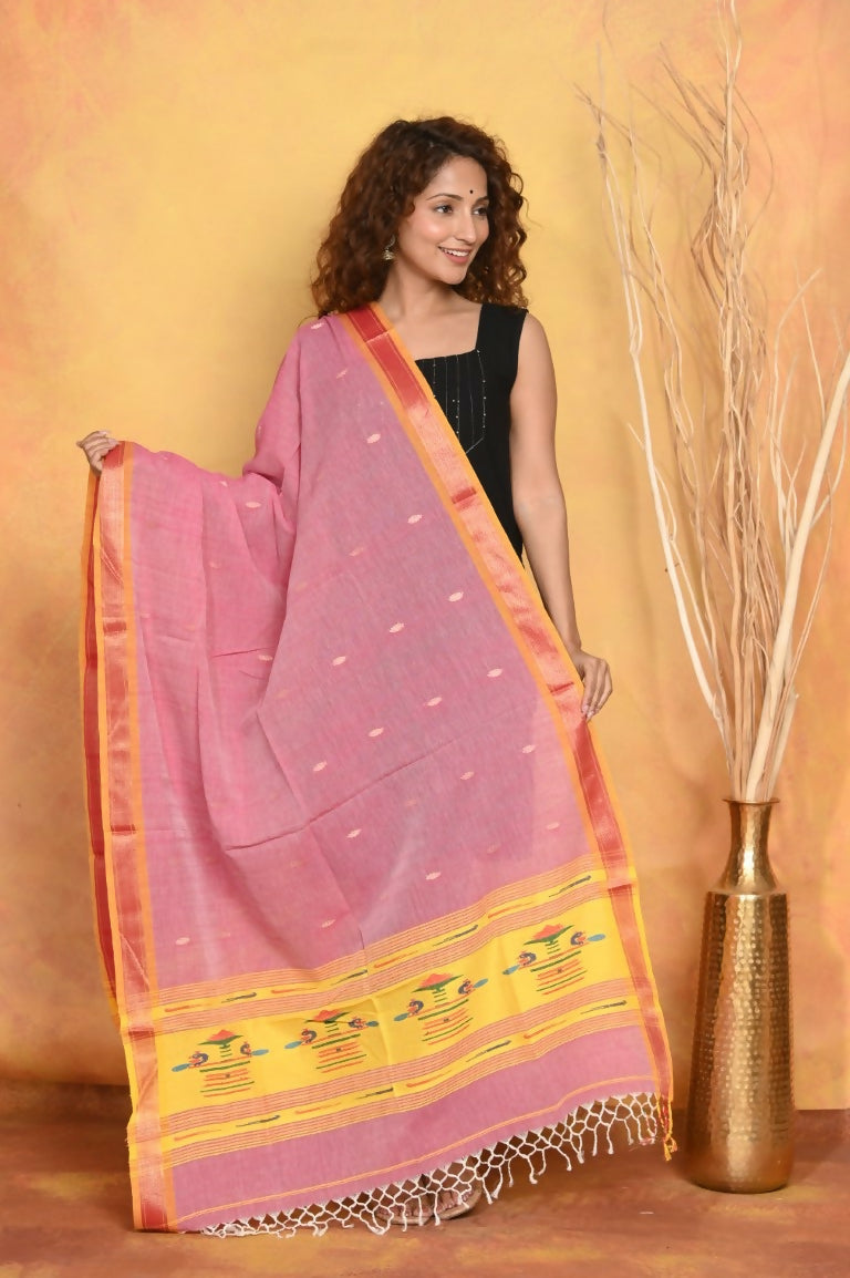 Very Much Indian Handloom Pure Cotton Paithani Dupatta Pink | Swadesiicart