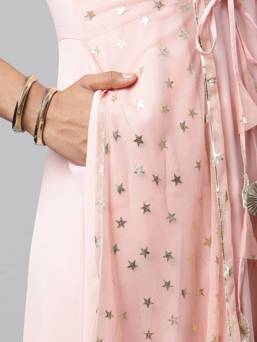 Ahalyaa Women Pink Crepe & Net Foil Print Dress | Swadesiicart