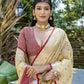 Vishnu Weaves Women's Cream Raw Silk Zari Woven Saree with Blouse - Swadesiicart