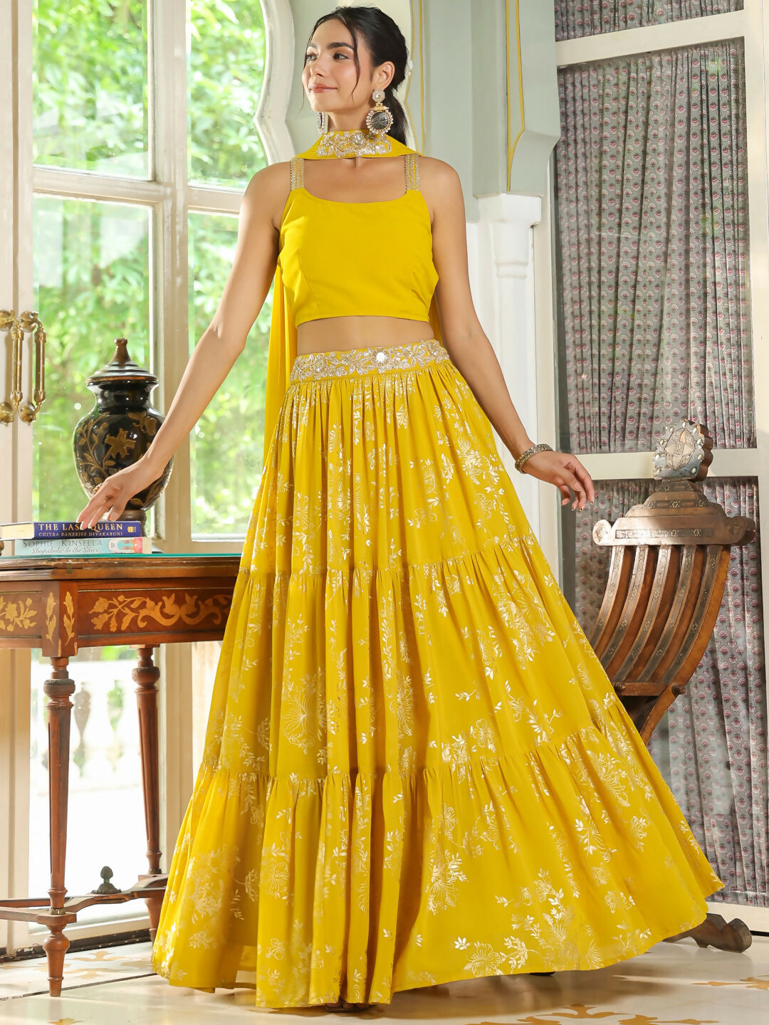 Janasya Yellow Georgette Solid Lehenga Choli Dupatta | Swadesiicart