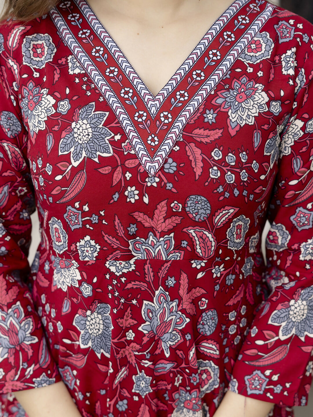 The52 Maroon Women's Gorgeous Rayon Fabric Printed Work Flared Kurta, Pant and Dupatta Set - Swadesiicart