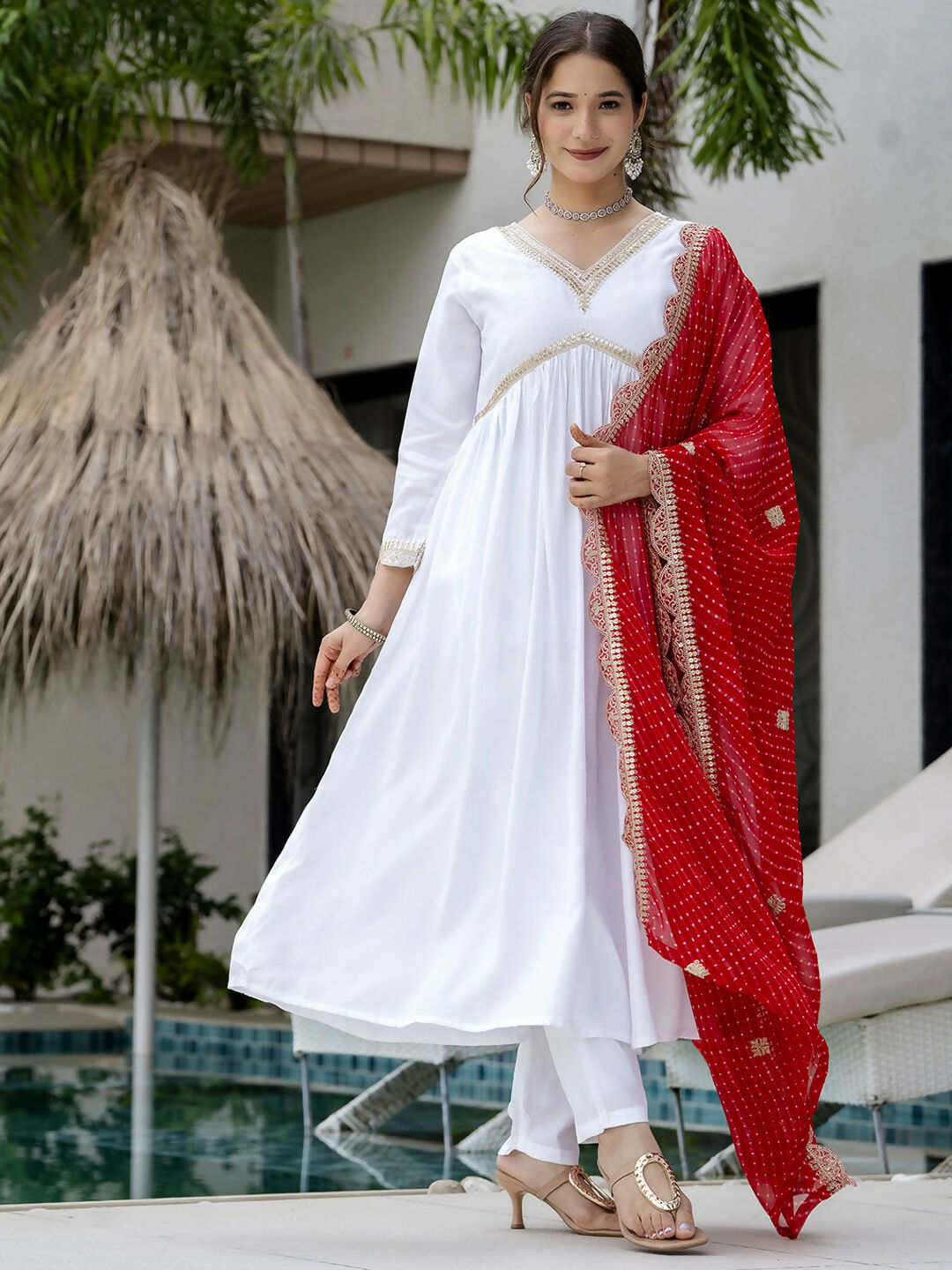 The52 White Women's Gorgeous Embroidered Chanderi Fabric Straight Kurta, Pant and Dupatta Set - Swadesiicart